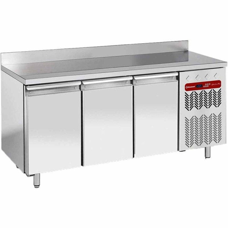 Table de travail refrigeree timbre positive avec dosseret ventilée 3 portes GN 1/1 405 litres