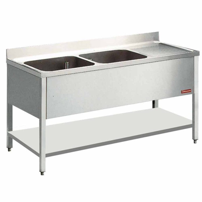 Plonge inox 2 cuves 400x500xh275 1 égouttoir droite + piétement + t profondeur 600 mm gamme standard line 1400x600xh880/900