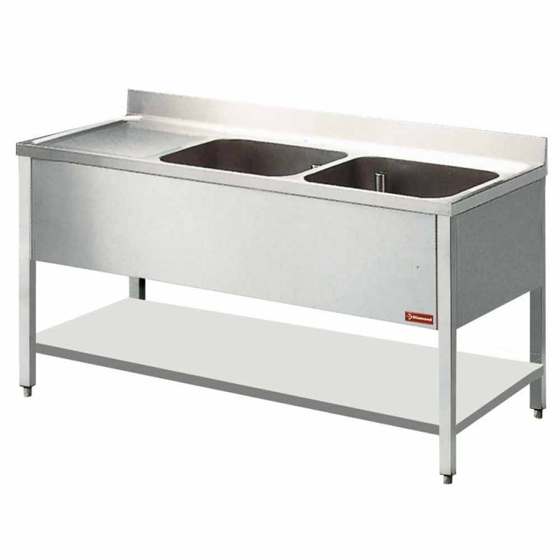 Plonge inox 2 cuves 400x500xh275 1 égouttoir gauche + piétement + t profondeur 600 mm gamme standard line 1400x600xh880/900