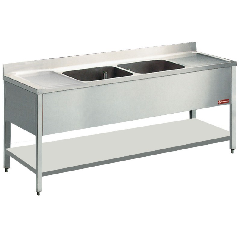 Plonge inox 2 cuves 500x500xh325 2 égouttoir + piétement profondeur 700 mm