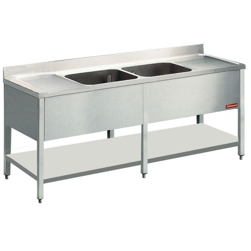 Plonge inox 2 cuves 600x500xh325 2 égouttoir + piétement profondeur 700 mm