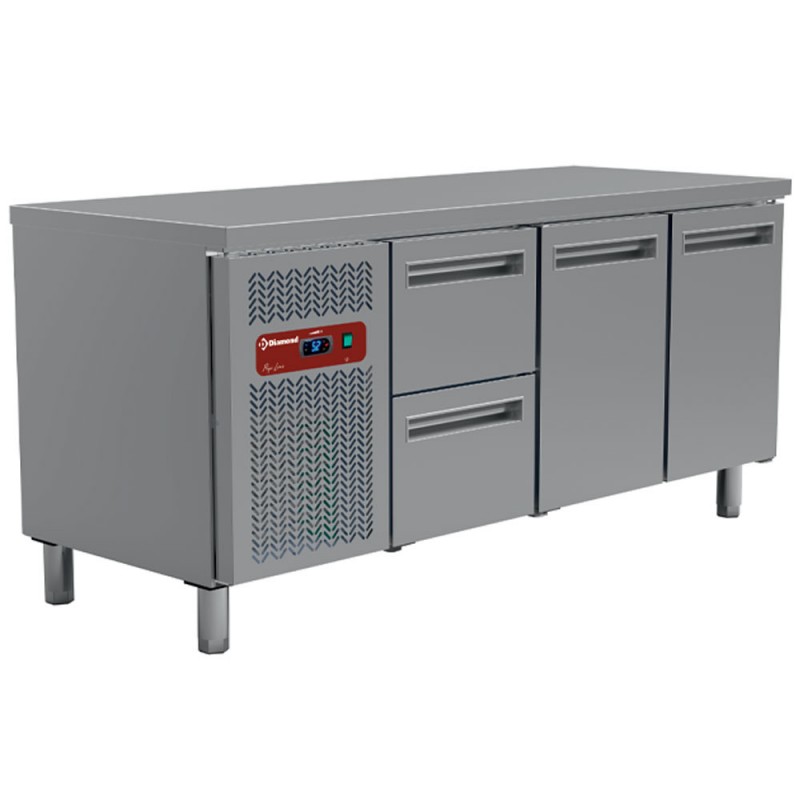 Pack table travail inox frigorifique gaz R290 : 3 portes avec 2 tiroirs profondeur 700 groupe a gauche