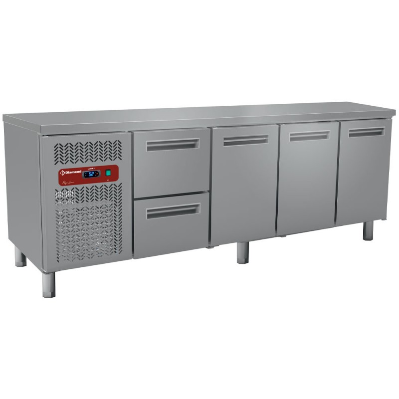 Pack table travail inox frigorifique gaz R290 : 4 portes avec 2 tiroirs profondeur 700 groupe a gauche