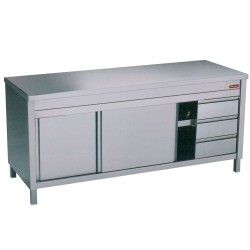 Table sur armoire portes coulissants + 3 tiroirs droit 1600x700xh880/900 tables armoires inox avec tiroirs