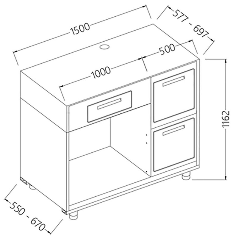 Comptoir pour machine à café 3 tiroirs L 1500 mm - 1500x670x1162 mm