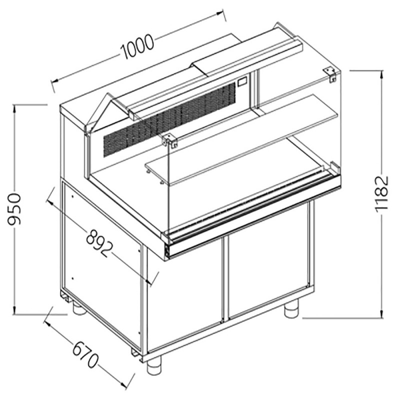 Comptoir vitrine en et gn, vitre basse, statique Metrika Line dimension : 1000x890xh1182