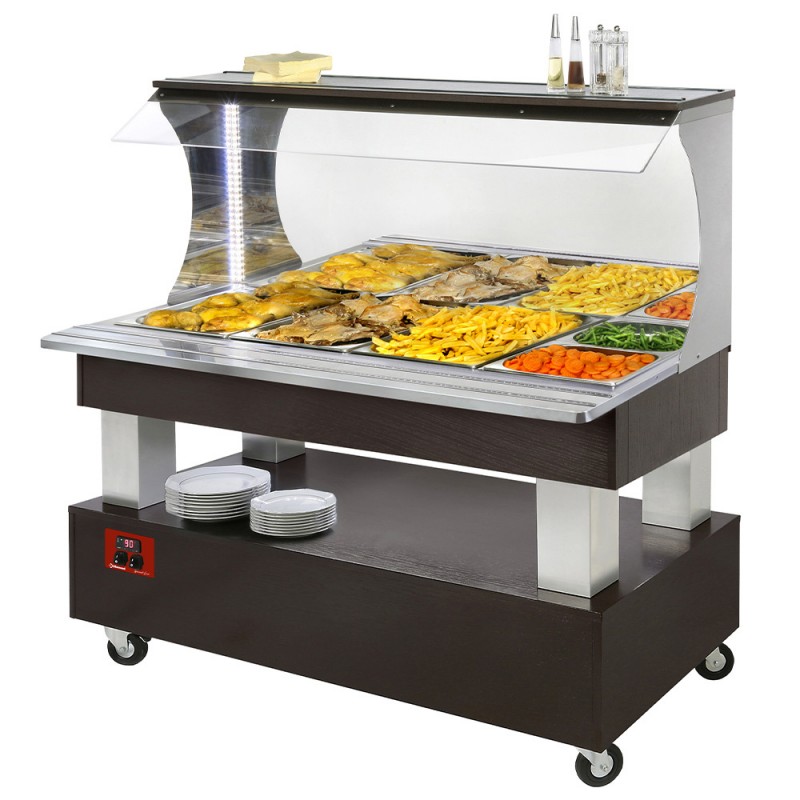 Buffet chauffant mural bain-marie 4 x1/1 hauteur 150 bois wenge chauffants bain-marie 1040(1495)x690(855)xh1405