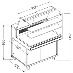 Comptoir vitrine en et gn, vitre haute, statique Metrika Line dimension : 1000x890xh1352