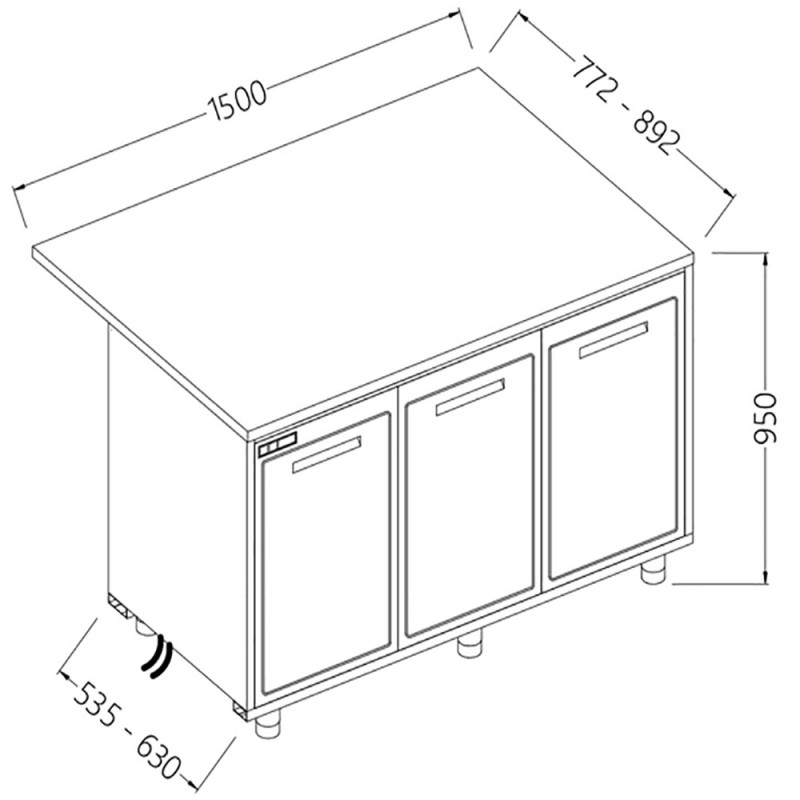 Comptoirs de bar réfrigérés T N avec 3 portes et moteur à distance section caisse - 1500x535x950 mm - BCSR15X/5