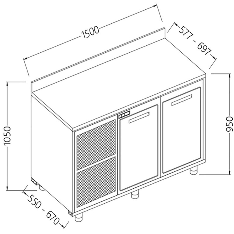 Meuble arrière neutre avec 2 portes et dosseret - 1500x550x1050 mm - NLS15X/5