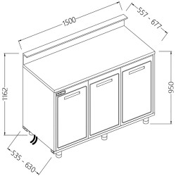 Comptoirs de bar réfrigérés T N moteur à distance avec 3 portes et dosseret - 1500x630x1162 mm - BBSR15X