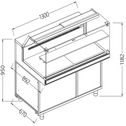 Comptoir vitrine neutre x boulangerie EN & GN, vitre basse dim. 1300x890xh1180