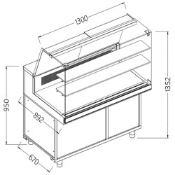 Comptoir vitrine en et gn, vitre haute, statique Metrika Line dimension : 1300x890xh1352