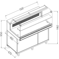 Comptoir vitrine en et gn, vitre basse, statique Metrika Line dimension : 1500x890xh1182