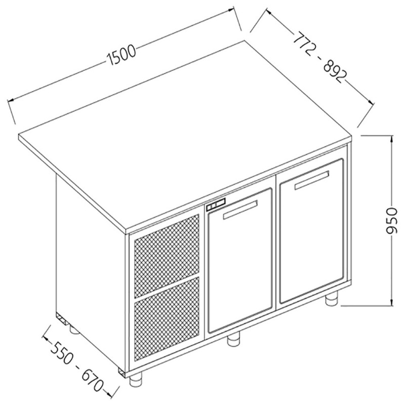 Comptoirs de bar réfrigérés T N avec 2 portes et moteur section caisse - 1500x670x950 mm - BCES15X