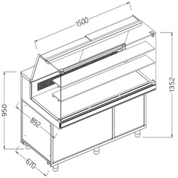 Comptoir vitrine en et gn, vitre haute, statique Metrika Line dimension : 1500x890xh1352