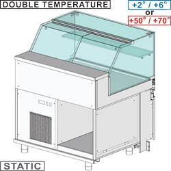 Comptoir vitrine réfrigéré & chauffante EN & GN, vitre basse, statique, sans réserve dim. 1000x890xh1180
