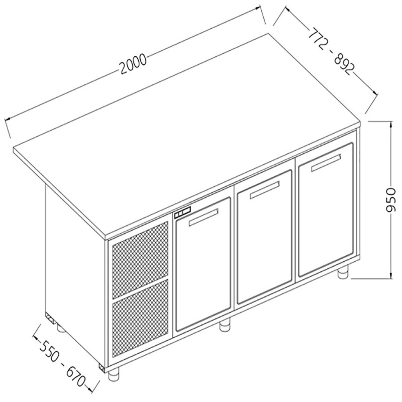 Comptoirs de bar réfrigérés T N avec 3 portes et moteur section caisse - 2000x550x950 mm - BCS20X/5