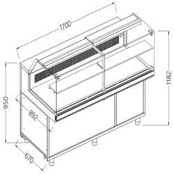 Comptoir vitrine en et gn, vitre basse, statique Metrika Line dimension : 1700x890xh1182