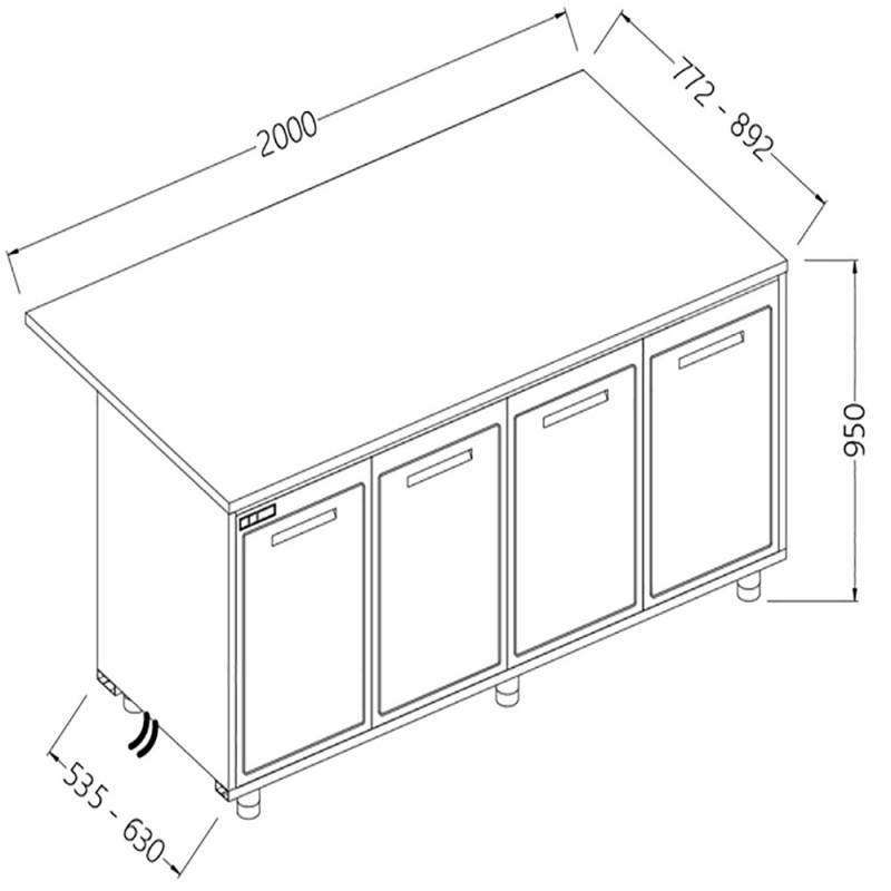 Comptoirs de bar réfrigérés T N avec 4 portes et moteur à distance section caisse - 2000x535x950 mm - BCSR20X/5