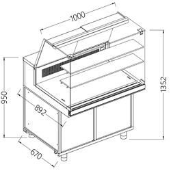 Comptoir vitrine réfrigéré & chauffante EN & GN, vitre haute, statique, sans réserve dim. 1000x890xh1350