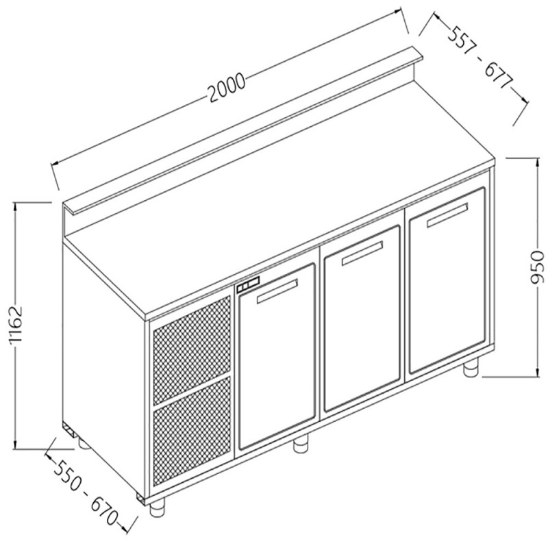 Comptoirs de bar réfrigérés T N avec 3 portes et moteur predisposition pour tablette service - 2000x670x1162 mm