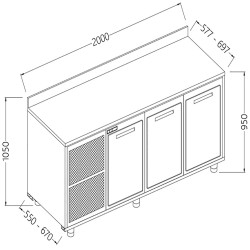 Meuble arrière neutre avec 3 portes et dosseret - 2000x550x1050 mm - NLV20X/5