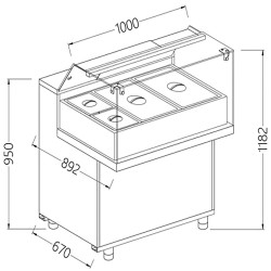 Comptoir vitrine chauffante ""bain marie"" 2x GN, vitre basse, statique, sans réserve