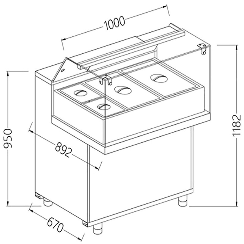 Comptoir vitrine chauffante ""bain marie"" 2x GN, vitre basse, statique, sans réserve