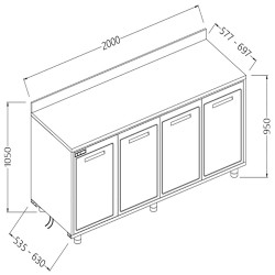 Arrière-comptoirs réfrigérés T N moteur à distance avec dosseret - 2000x535x1050 mm - NLSR20X/5