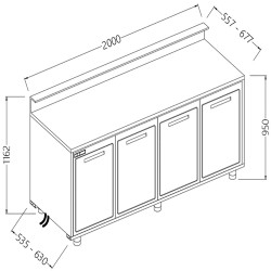 Comptoirs de bar réfrigérés T N moteur à distance avec 4 portes et dosseret - 2000x630x1162 mm - BBSR20X