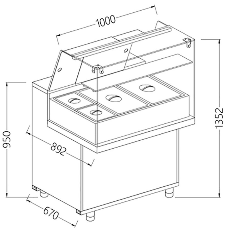 Comptoir vitrine chauffante ""bain marie"" 2x GN, vitre haute, statique, sans réserve