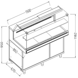 Comptoir vitrine en et gn, vitre basse, ventilée Metrika Line dimension : 1500x890xh1182