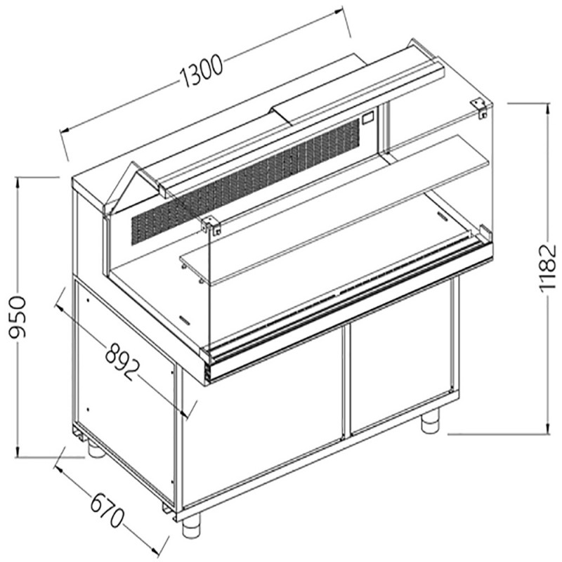 Comptoir vitrine réfrigéré & chauffante EN & GN, vitre basse, statique, sans réserve dim. 1300x890xh1180