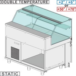 Comptoir vitrine réfrigéré & chauffante EN & GN, vitre basse, statique, sans réserve dim. 1300x890xh1180