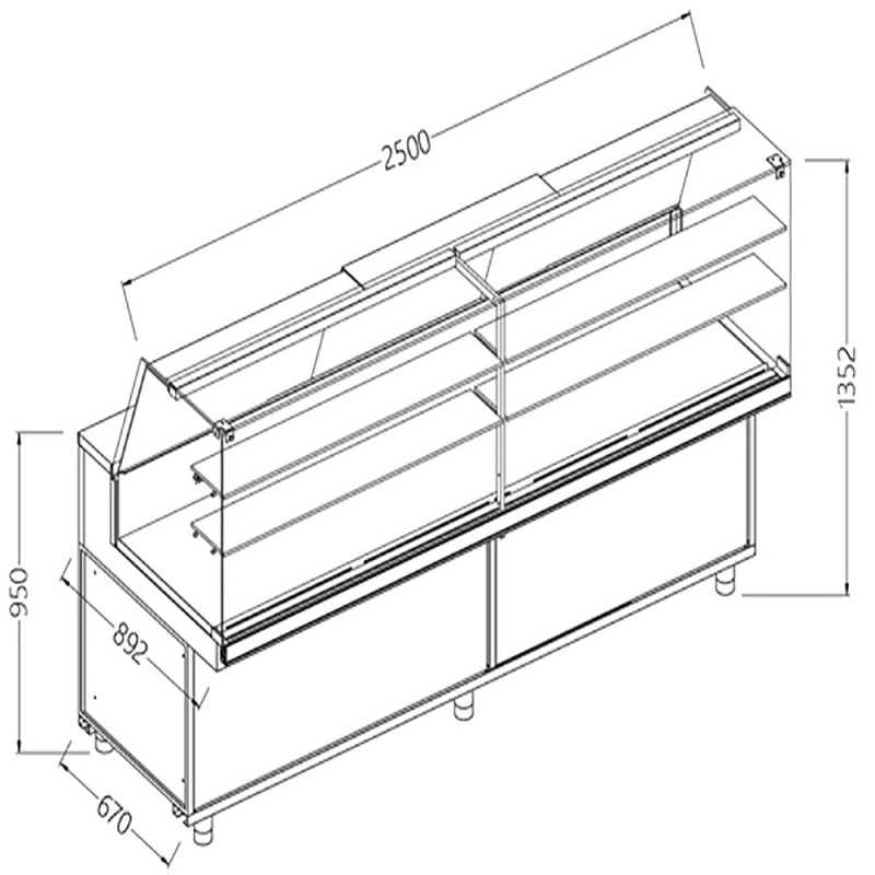 Vitrines neutres pour snacks vitres hautes - 2500x892x1352 mm