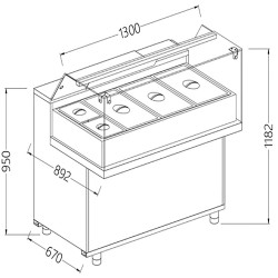 Comptoir vitrine chauffante ""bain marie"" 3x GN, vitre basse, statique, sans réserve