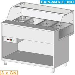 Comptoir vitrine chauffante ""bain marie"" 3x GN, vitre basse, statique, sans réserve