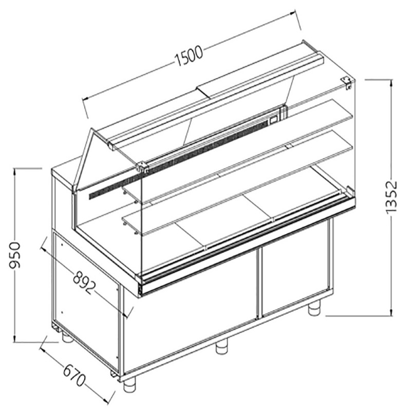 Comptoir vitrine en et gn, vitre haute, ventilée Metrika Line dimension : 1500x890xh1352