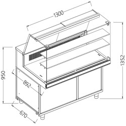 Comptoir vitrine réfrigéré & chauffante EN & GN, vitre haute, statique, sans réserve dim. 1300x890xh1350