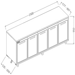 Arrière-comptoirs réfrigérés T N moteur à distance sans dosseret - 2500x630x950 mm - NNSR25X