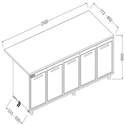 Comptoirs de bar réfrigérés T N avec 5 portes et moteur à distance section caisse - 2500x535x950 mm - BCSR25X/5