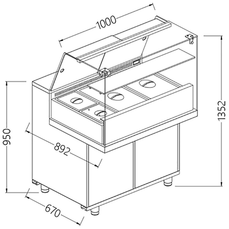 Vitrine snack saladette vitres hautes groupe à distance - 1000x892x1382 mm