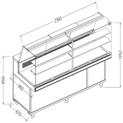 Comptoir vitrine en et gn, vitre haute, statique Metrika Line dimension : 2100x890xh1352