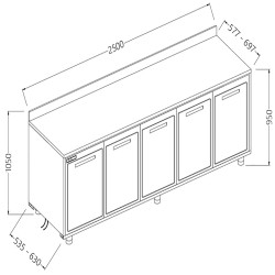 Arrière-comptoirs réfrigérés T N moteur à distance avec dosseret - 2500x535x1050 mm - NLSR25X/5