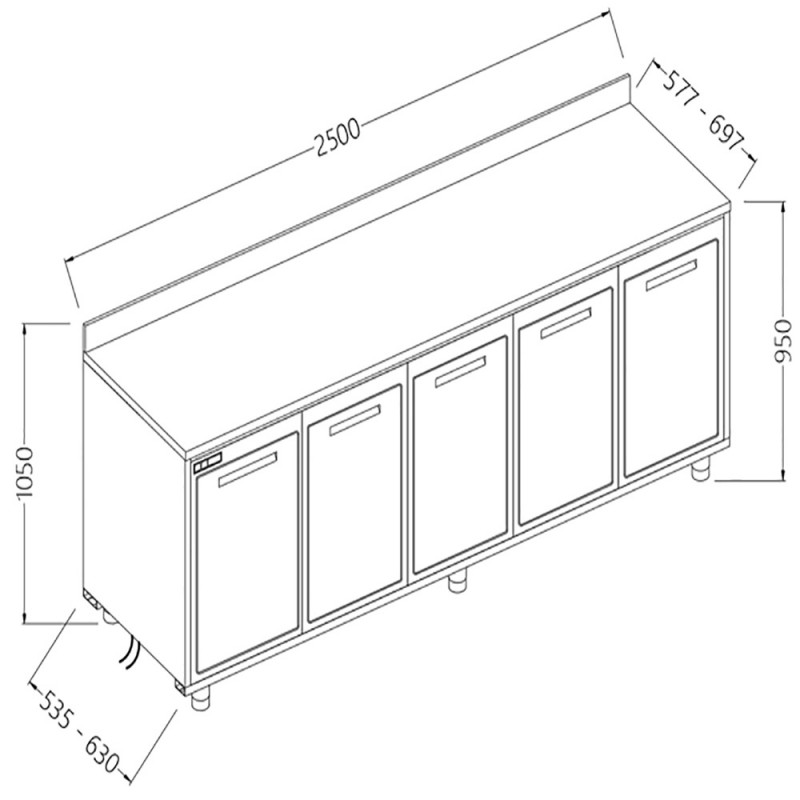 Arrière-comptoirs réfrigérés T N moteur à distance avec dosseret - 2500x535x1050 mm - NLSR25X/5