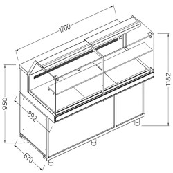 Comptoir vitrine en et gn, vitre basse, ventilée Metrika Line dimension : 1700x890xh1182