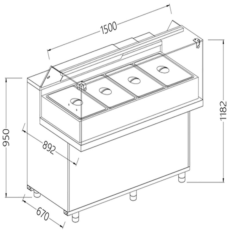 Comptoir vitrine chauffante ""bain marie"" 4x GN, vitre basse, statique, sans réserve