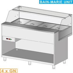 Comptoir vitrine chauffante ""bain marie"" 4x GN, vitre basse, statique, sans réserve