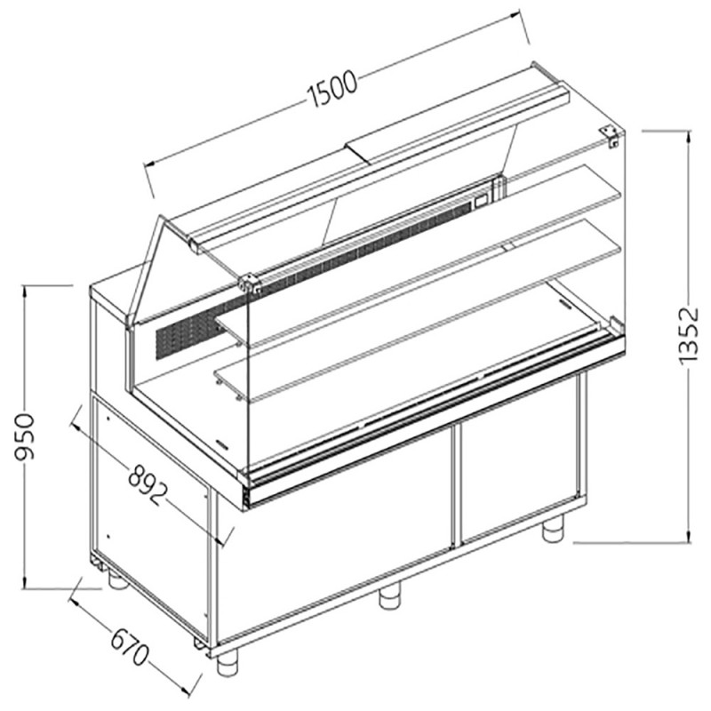 Comptoir vitrine réfrigéré & chauffante EN & GN, vitre haute, statique, sans réserve dim. 1500x890xh1350